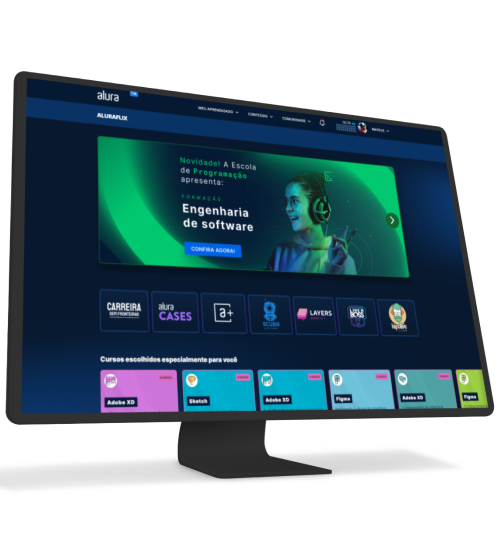 Computador e celular com o site do Alura+ aberto.